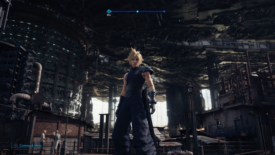 A playable character is in the centre. In the background, there are shack-like structures and machinery that swallows the rest of the image. The suspended plates block the sunlight, which is only visible in the distance where they end