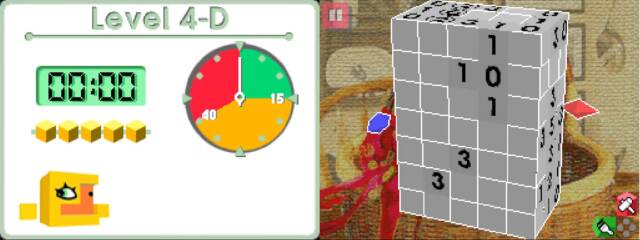 Screenshot featuring an untouched puzzle block on the right, and a timer and block-like creature with an eye on the left.