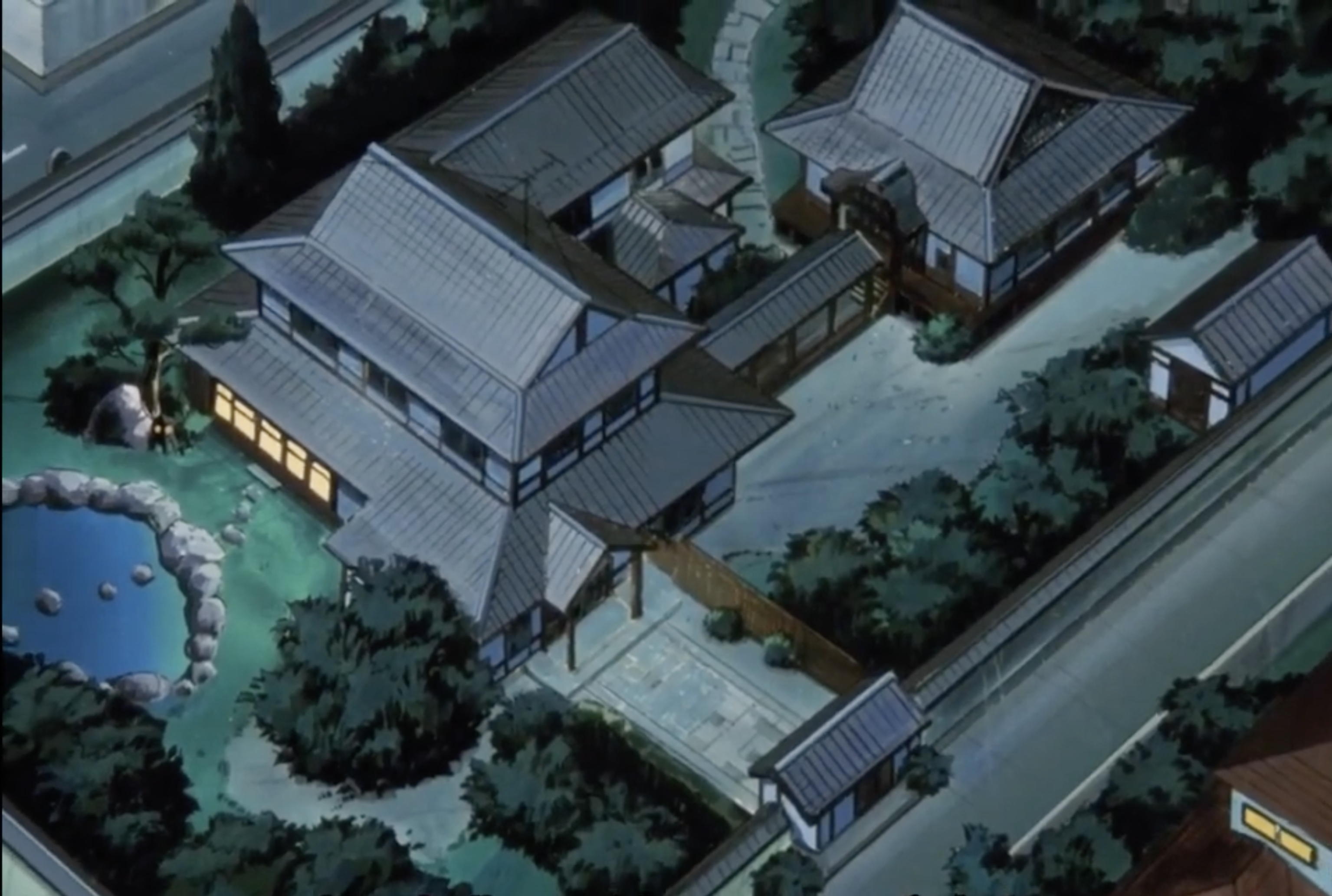 The Dendo Residence & Dojo seen from above at night time