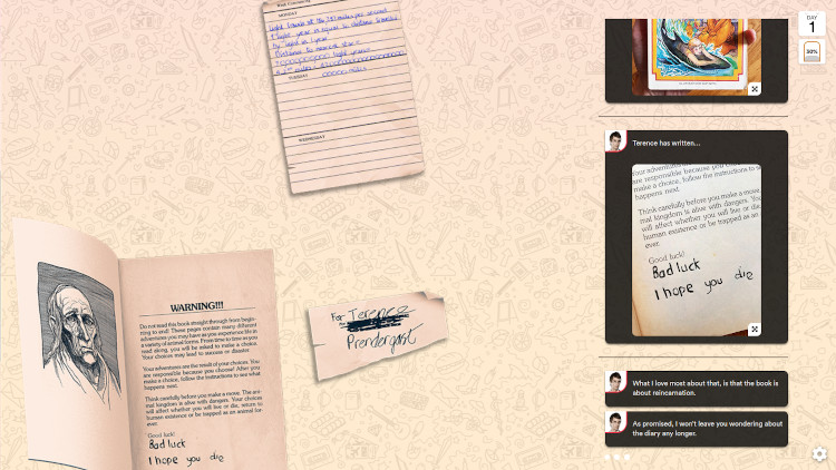 Screenshot from the game showing snippets from the diary and a page from a "Choose Your Own Adventure" book, alongside a series of chat messages