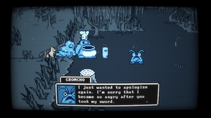 A screenshot from the game showing the player character, two party members and a pet dog in a 2.5D RPG world. They are speaking with another character named Groncho.