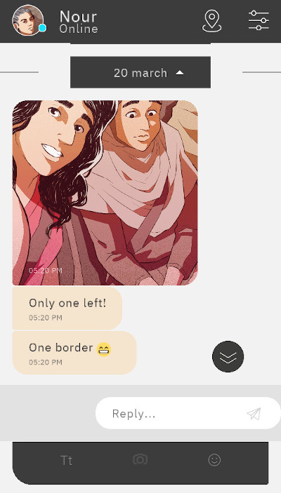 A series of messages from Nour to Majd in the fake mobile app in which most of the game takes place. The messages include a selfie of Nour and a fellow traveler in a car.