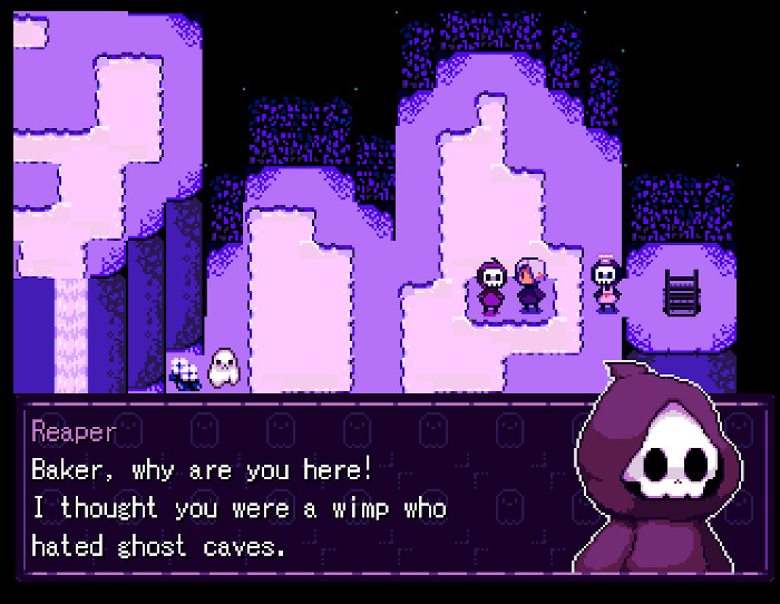 Lavender, the baker, and another reaper meet in a cave. The reaper says: "Baker, why are you here! I thought you were a wimp who hated ghost caves."