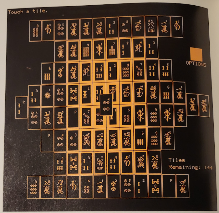 A screenshot showing Mahjong tiles rendered on the orange PLATO plasma display