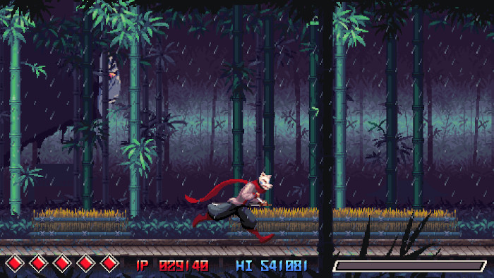 The protagonist is seen running on a path through a large garden or temple area while a monstrous phantom lurks in the background