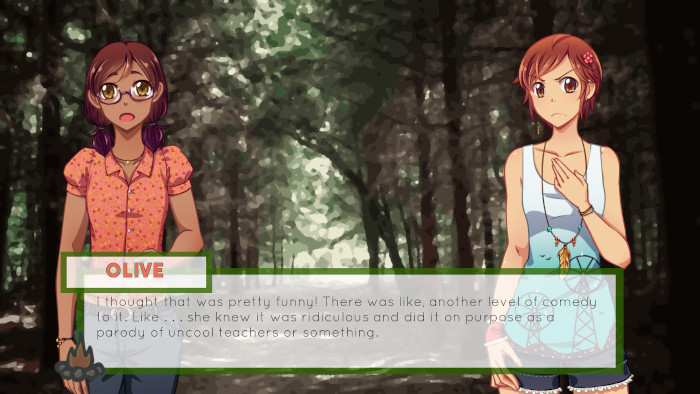 Screenshot from the game showing the characters Olive and Sage in front of a forest background; they are discussing Miss Yarrow