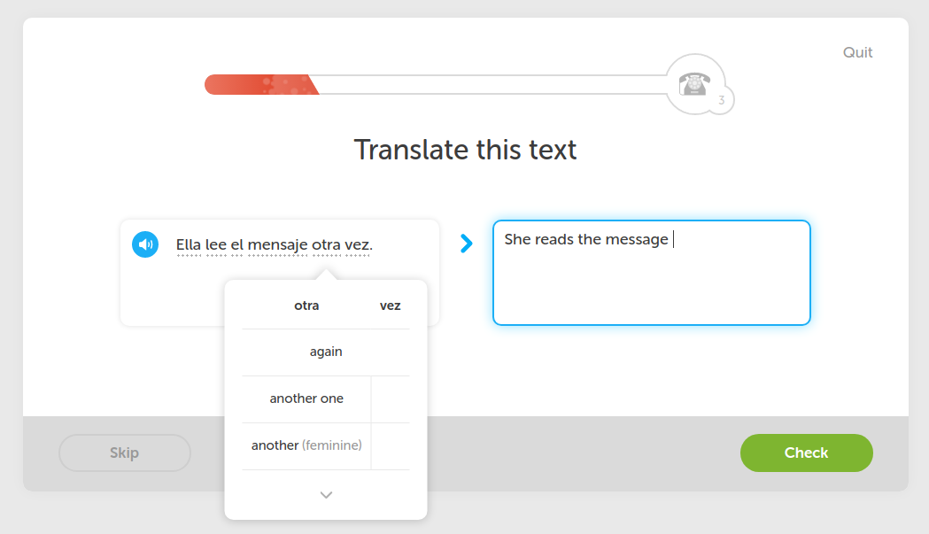 Screenshot of Duolingo module for translation