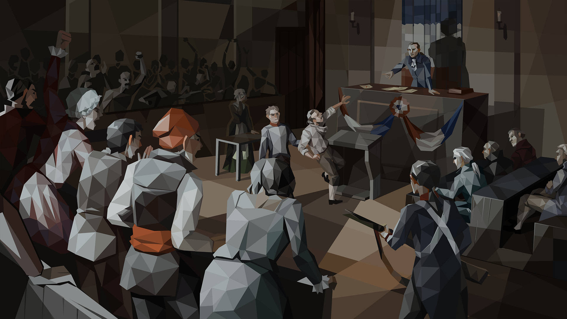 Heated court scene, shown in a kind of mosaic visual style.